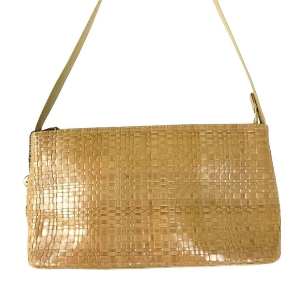 Vintage FOSSIL Tan Woven Leather Shoulder Bag Key Charm Zipper Handbag Purse - Picture 3 of 12